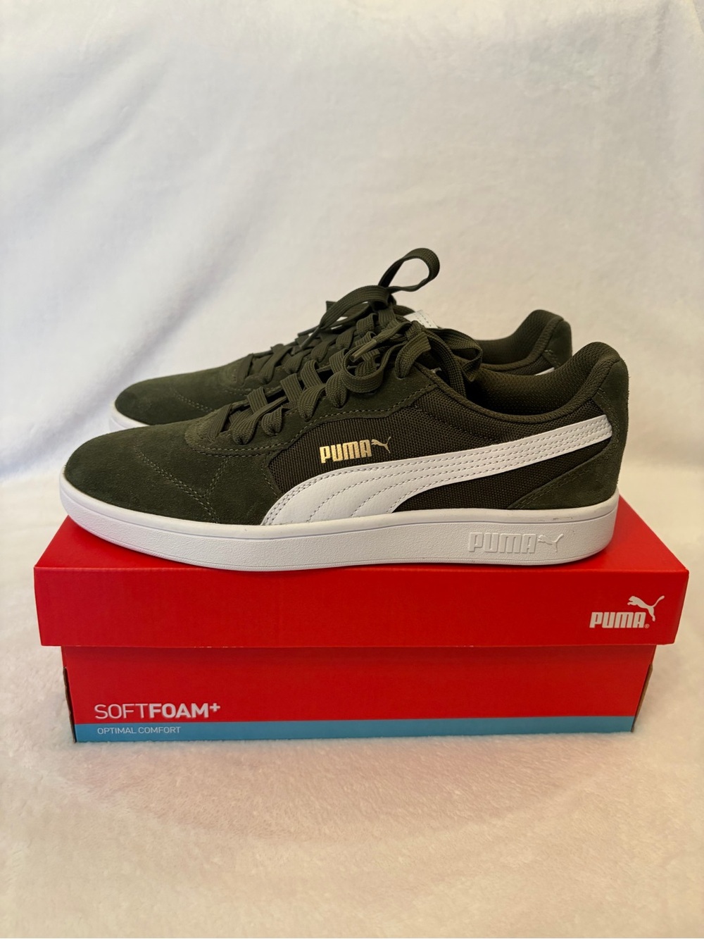 Puma Men's Olive Green Suede Sneakers with White Stripe